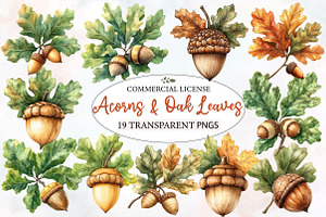 Watercolor Acorns & Oak Leaves, an Illustration by Designworld