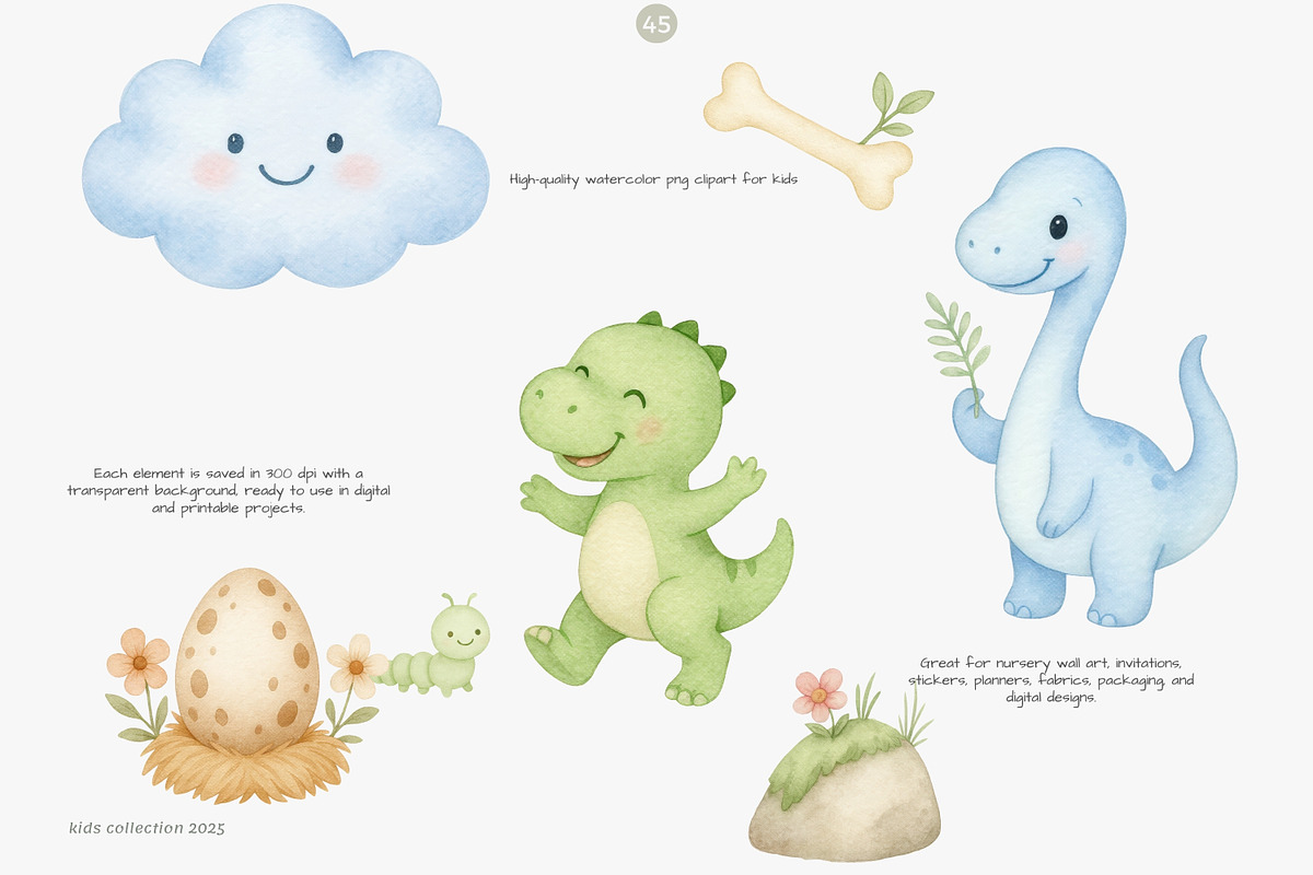 baby dino watercolor clipart set, an Animal Illustration by Pink Studio Art (Photo 4 of 8)