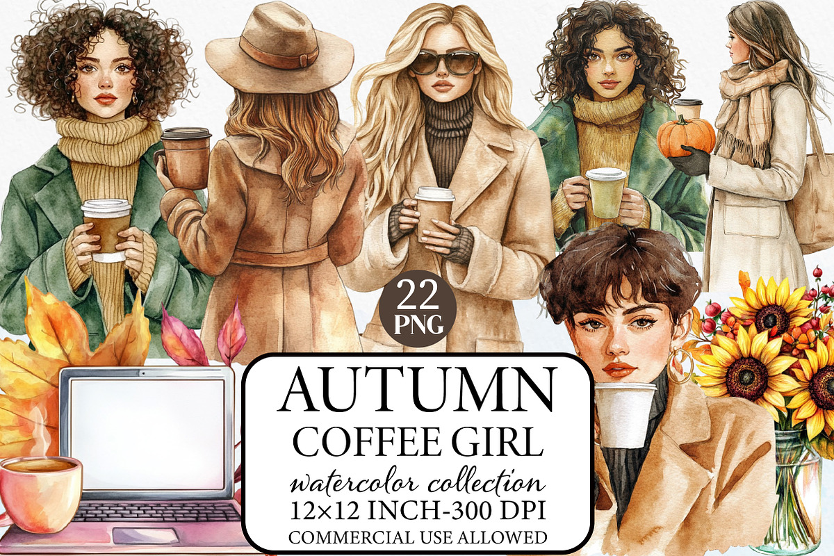 Autumn Coffee Girl Clipart PNG, an Illustration by Libby Wishes (Photo 1 of 6)