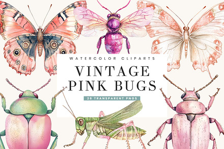 Vintage Pink Bugs Clipart Bundle