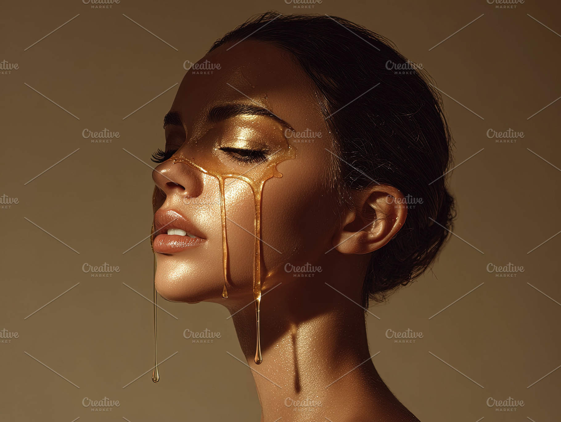 Close-up of a woman with honey and gold makeup dripping down her, an Abstract Photo by Ales Munt