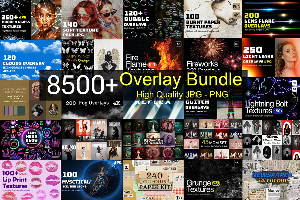 Mega Overlays Bundle, PNG/JPG bundle, a Texture Graphic by Chipshpow Graphics (Photo 1 of 8)