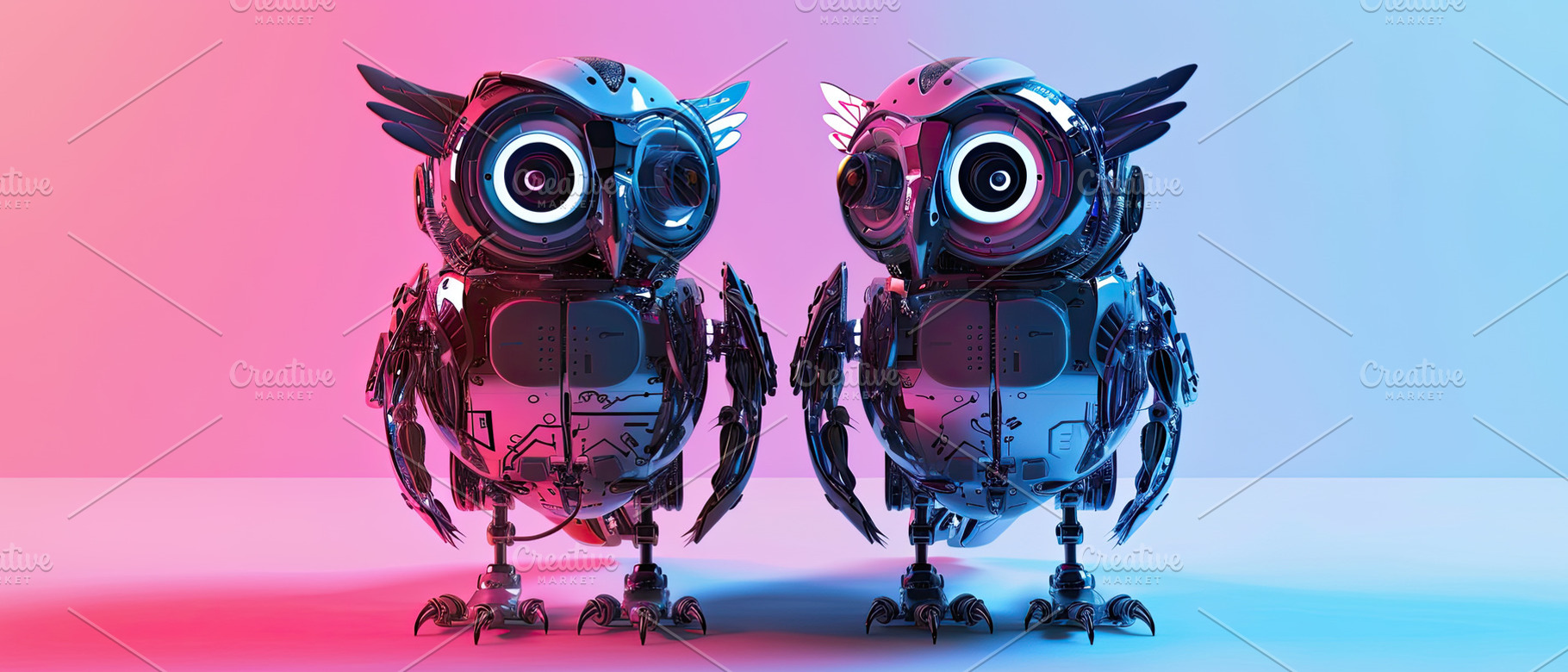 Twin robots with vibrant neon lights, a Photo by LOGOCREATIVE