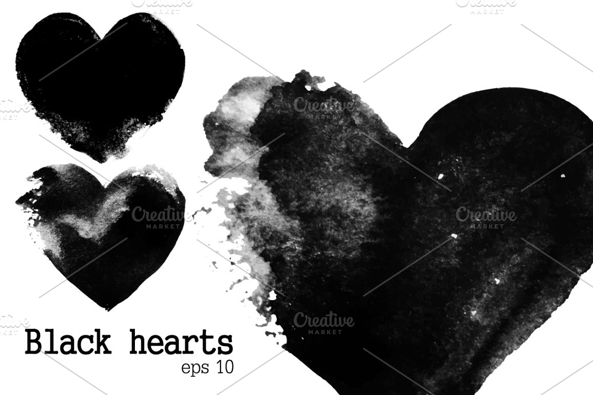 Set of black watercolor hearts, an Illustration by KatBranchArt (Photo 3 of 5)