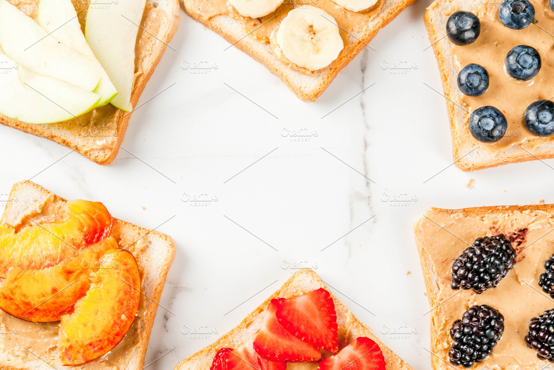 Toasts with peanut butter and berry containing sandwiches, peanut butter, and, a Food & Drink Photo by Rimma