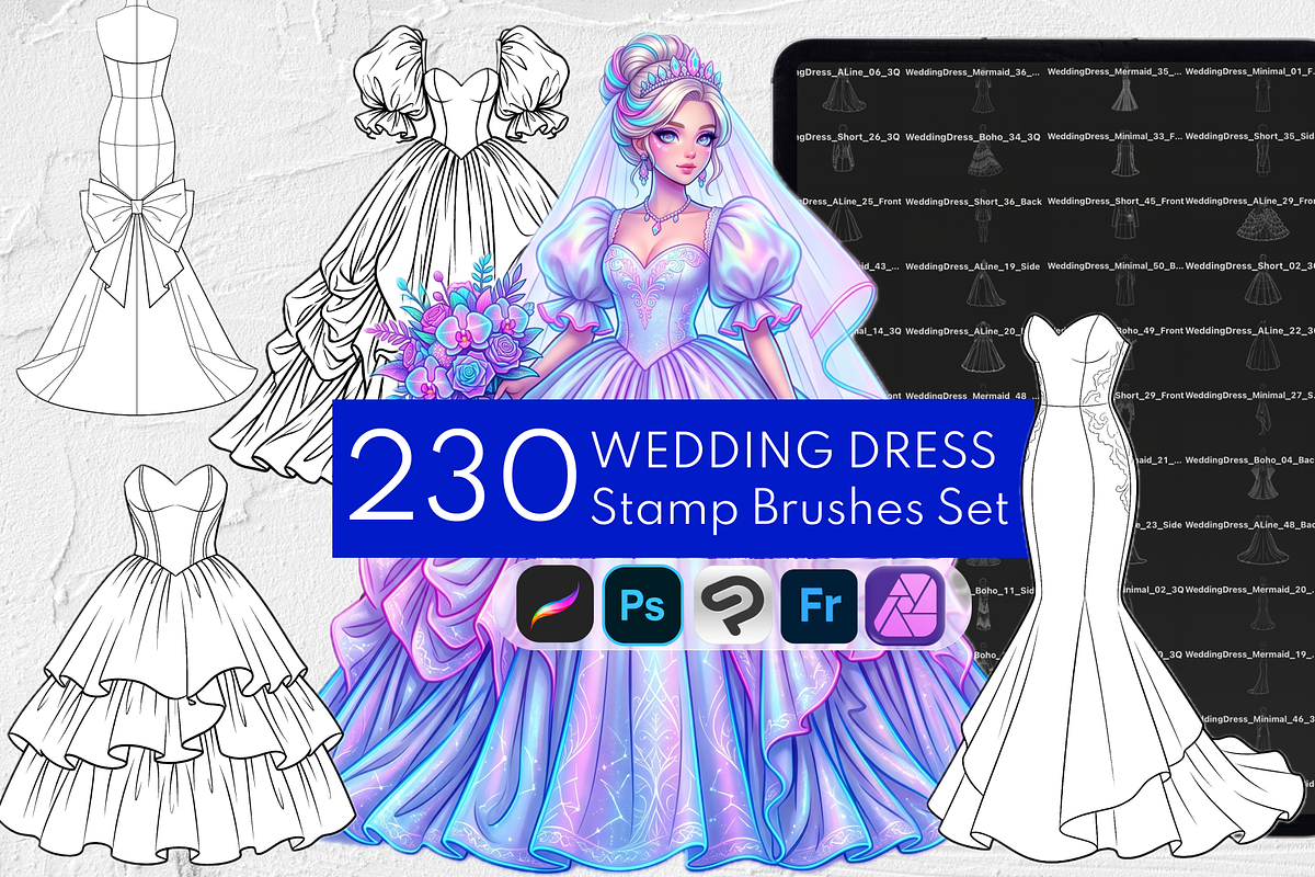 230 Wedding Dress Stamp Brushes, a Brush Add-On by Selentaori Studio (Photo 1 of 12)