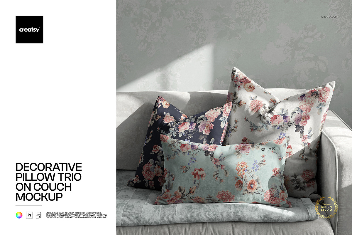 Decorative Pillows on Couch Mockup, a Household Mockup by creatsy5 (Photo 1 of 6)