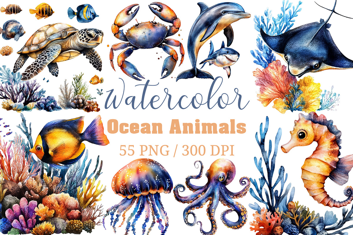 Watercolor Ocean Animals Clipart, an Illustration by Craft Nest (Photo 1 of 11)