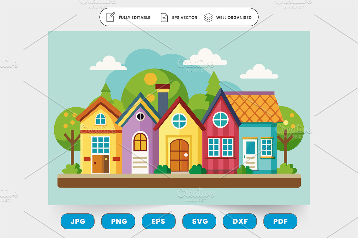A row of cute cottages with colorful, a Graphic by SaroStock