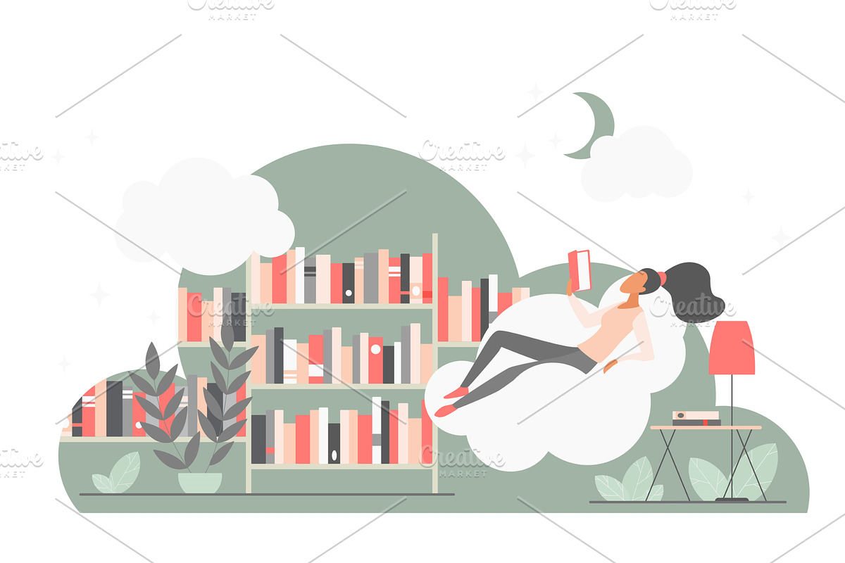 Woman reading book cloud library, an Object Illustration by Lemberg Vector