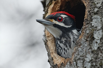 Woodpecker bird sitting in a hollow of tree trunk, an Animal Photo by AlyaAnd