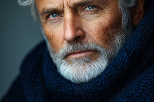 A close-up portrait of an elderly man with silver hair and piercing blue eyes,, a Person Photo by ImageMir