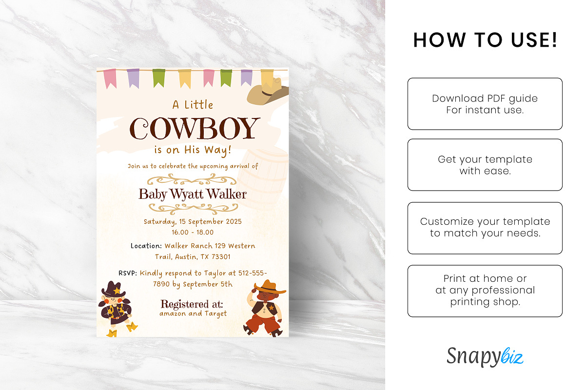 Cowboy Baby Shower Invitation Temp, an Invitation Template by Snapybiz (Photo 2 of 12)