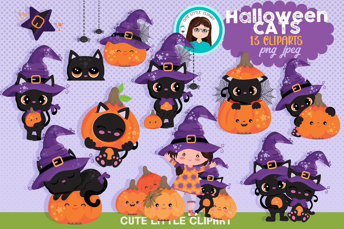 Halloween Cat cliparts, an Illustration by Cute Little Workshop (Photo 1 of 3)