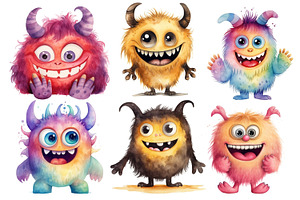 Cute Watercolor Monster Clipart Set