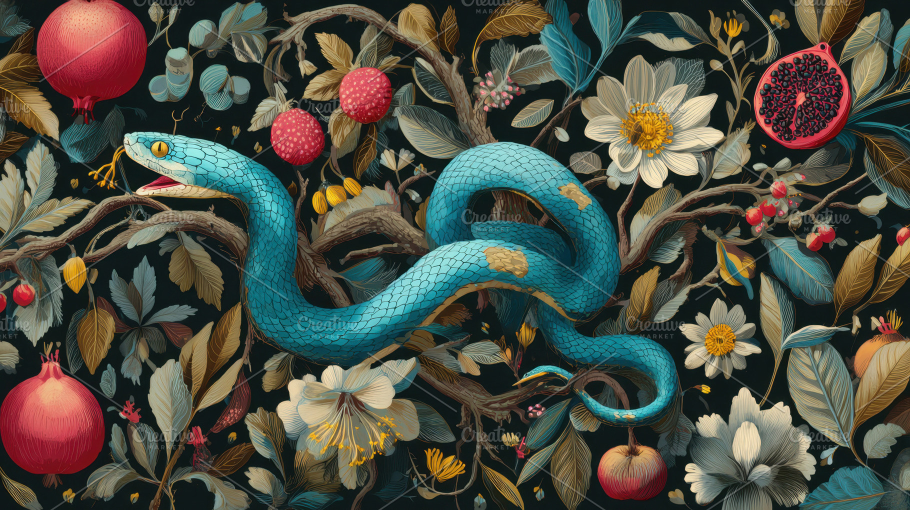 Blue snake with bright flowers, a Photo by Beautiful things