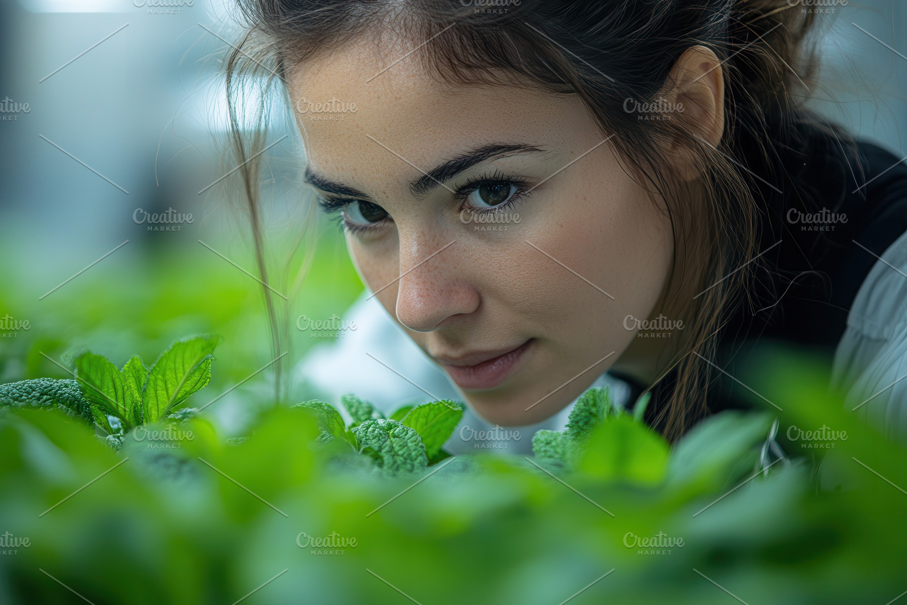 Woman examines vibrant mint plants i, a Photo by Tanuart
