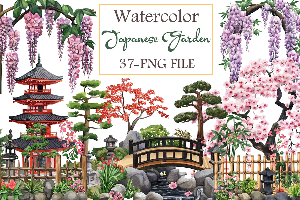 Japanese Garden Watercolor Clipart, an Illustration by Libby Wishes (Photo 1 of 7)