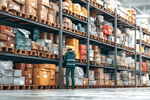 Warehouse worker checking inventory on pallet racking in a large modern logisti, a Photo by AS photostudio