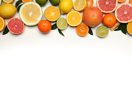 Citrus fruits with leaves on white background, a Food & Drink Photo by AtlasStudio PRO