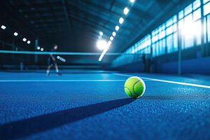 Closeup view of a tennis ball on blue tennis court, a Sports & Recreation Photo by AlyaAnd