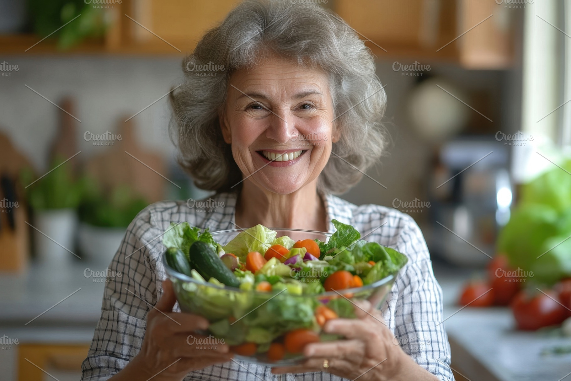Aged woman smiling in a kitchen, a Photo by Pavel_design