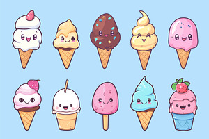 kawaii Ice cream cartoon set. Frozen, a Food Illustration by Stock-Smart-Start