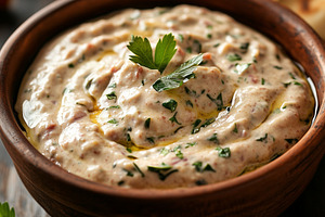 Creamy and herbal dip served, a Food & Drink Photo by MistyDay