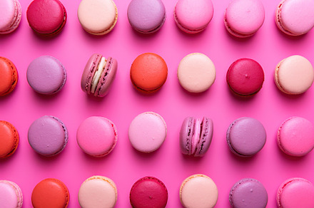 Colorful macarons dessert on pink background, a Food & Drink Photo by AlyaAnd