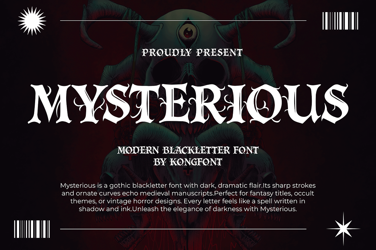Mysreious – Modern Blackletter Font, a Blackletter Font by overlaytemplates (Photo 1 of 5)