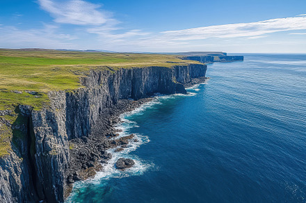 Dramatic cliffs rise sharply from th, a Photo by Tanuart