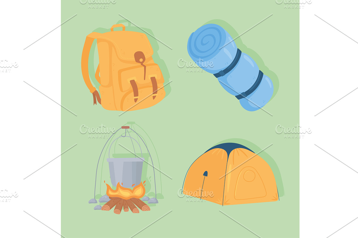 camping cartoon set, an Object Illustration by studiogstock