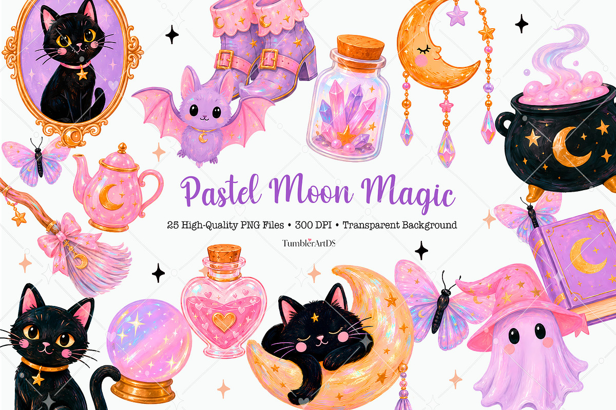 Pastel Moon Magic Witch Clipart, a Seasonal Illustration by TumblerArtDS (Photo 1 of 3)