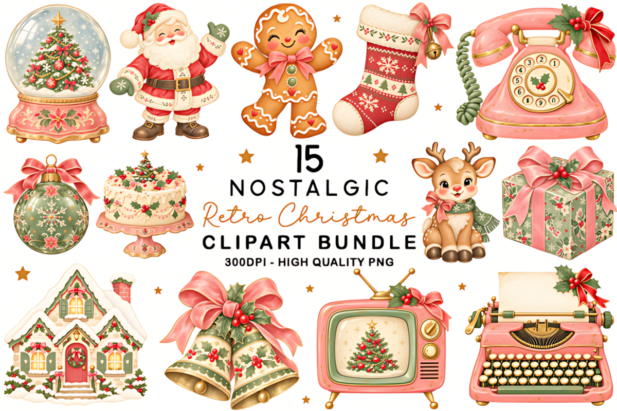 Nostalgic Retro Christmas Clipart, a Seasonal Illustration by HueNestify (Photo 1 of 3)