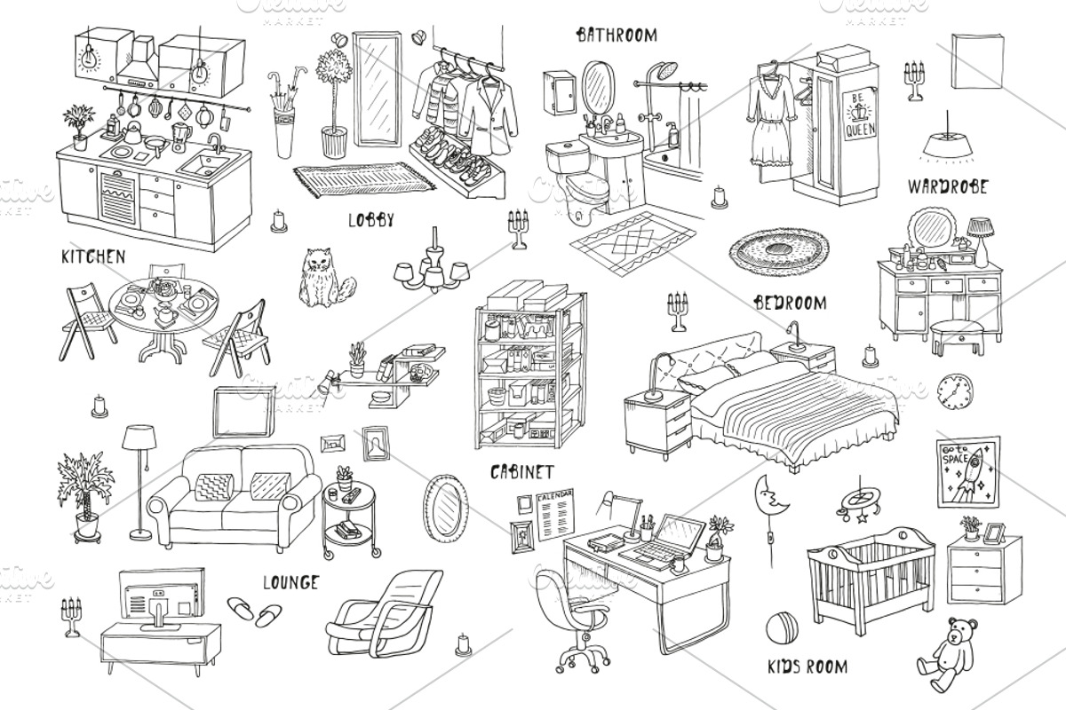 Interiors. EPS - JPEG - PNG, a Decorative Illustration by WINS Doodle shop (Photo 2 of 5)
