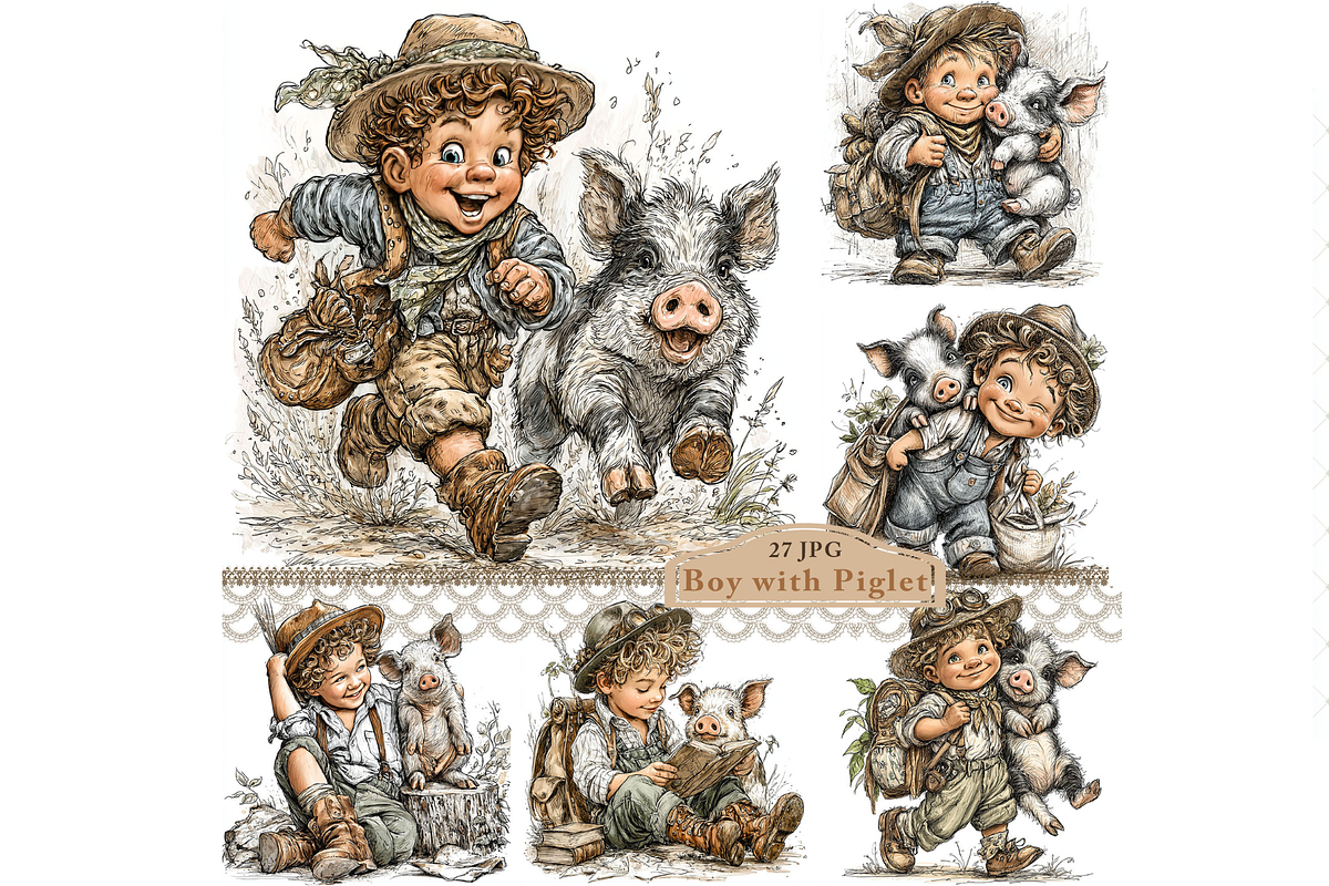 Boy and Piglet Clipart JPG, a Person Illustration by Memories By Lea (Photo 1 of 18)