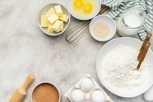 Baking ingredients preparing dough for homemade pastry, a Food & Drink Photo by Olena Rudo