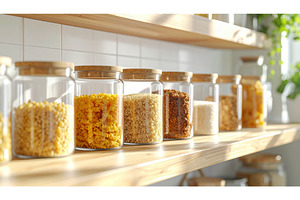 Glass jars filled with pasta rice, a Food & Drink Photo by Igor Tichonow