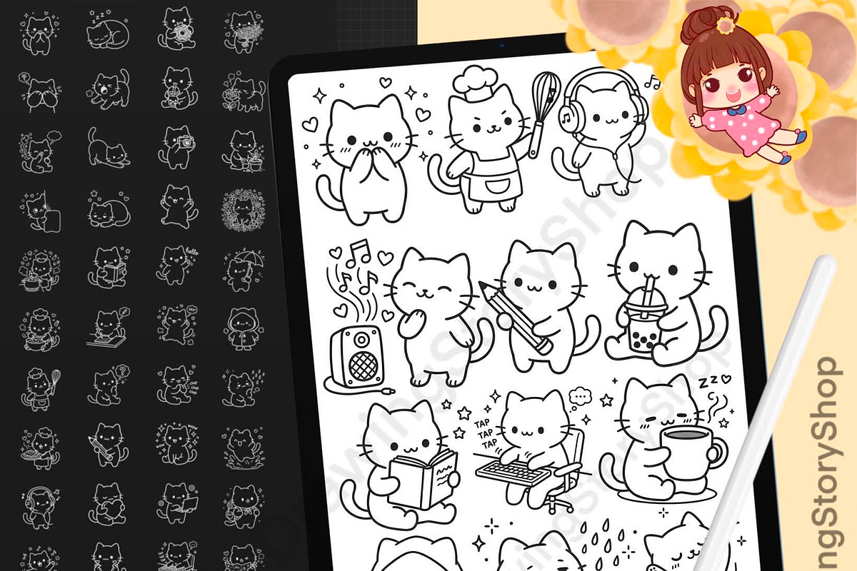 130 Procreate Cute Kawaii Cat Stamps, a Brush Add-On by DrawingStoryShop (Photo 1 of 6)