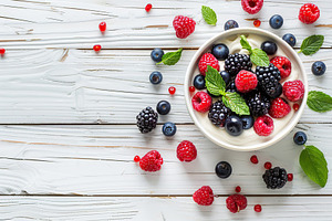 Bowl with white yogurt and ripe berries on wooden table, a Food & Drink Photo by AlyaAnd