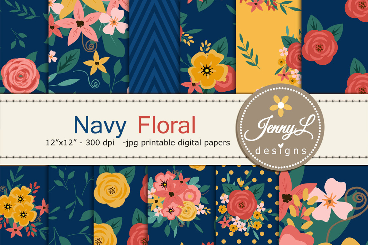 Navy Blue Flower Digital Paper, a Pattern Graphic by JennyL Designs (Photo 1 of 6)