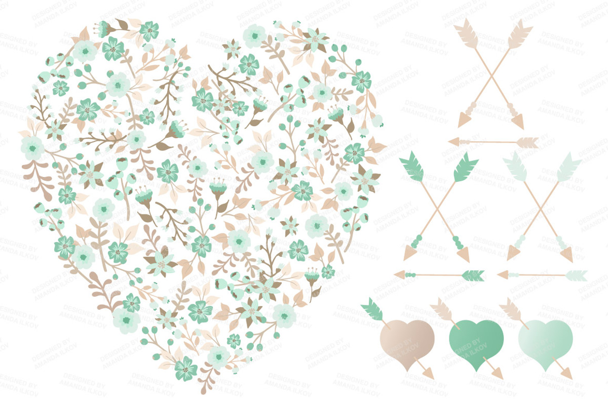 Mint Floral Heart & Banner Vectors, an Illustration by Amanda Ilkov (Photo 3 of 4)