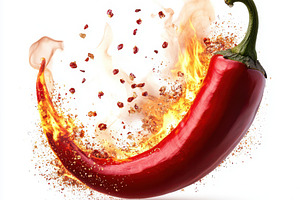 Hot red chili pepper on fire, on tra, a Food & Drink Photo by Pixeness Studio