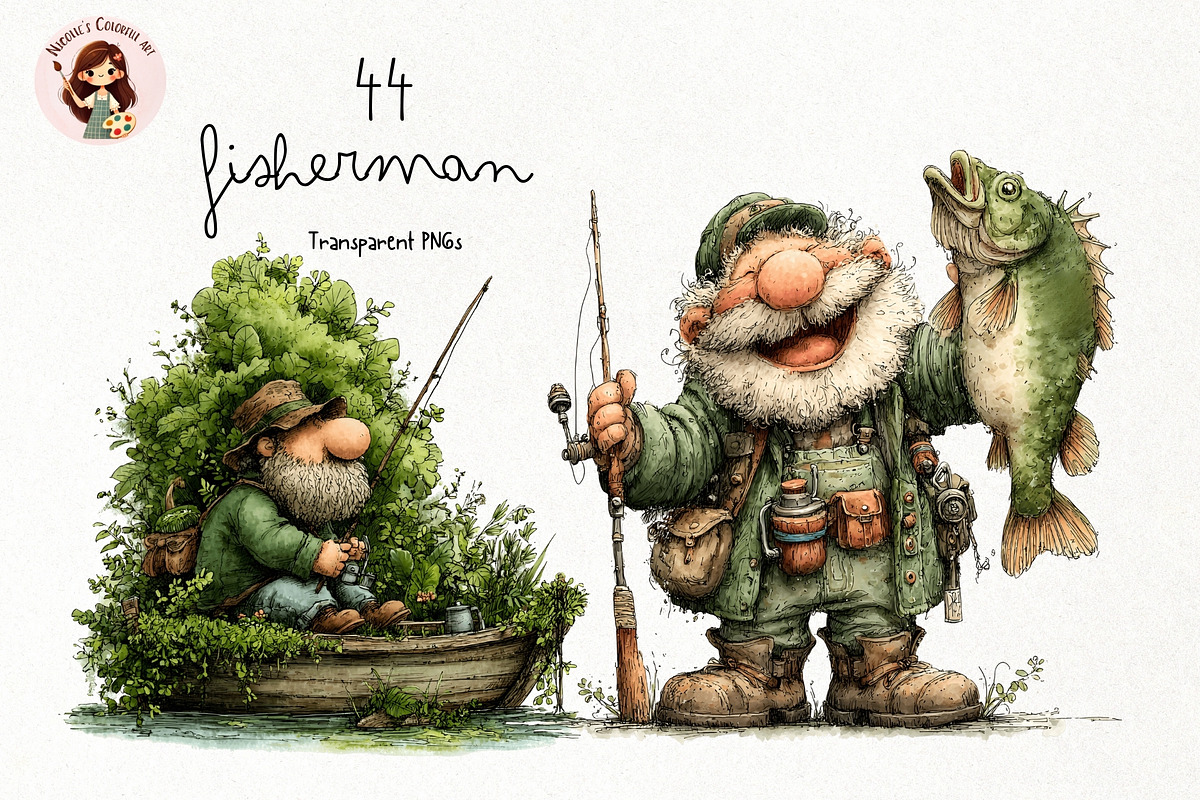 Fisherman Watercolor Clipart, a Person Illustration by Nicolle's Colorful Art (Photo 1 of 5)