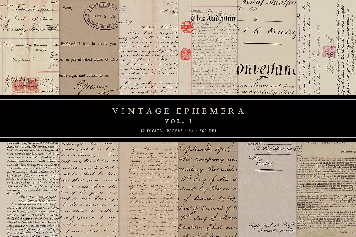 12 Vintage Ephemera Digital Papers, a Background Graphic by With Love Ethel