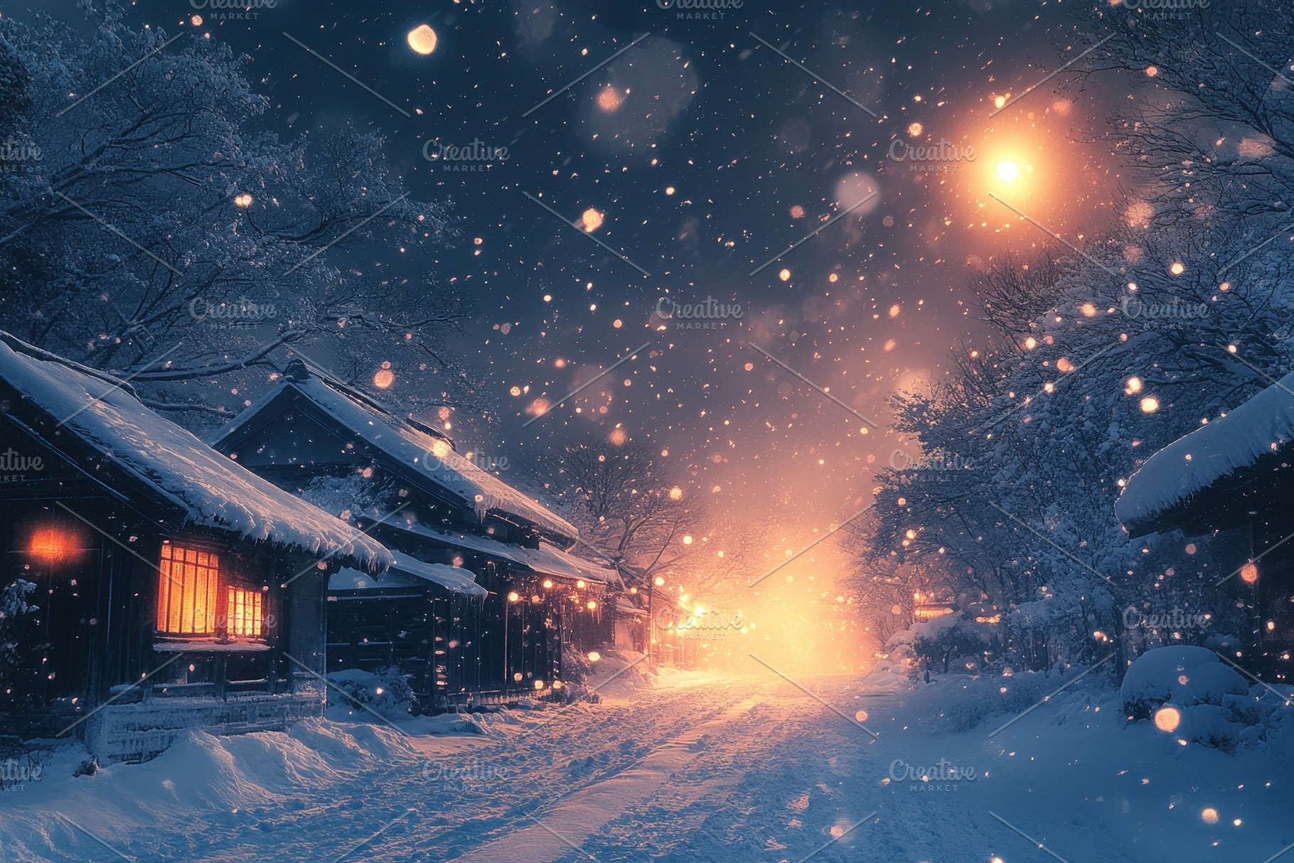 Snowfall blankets a quiet street in, a Photo by Tanuart