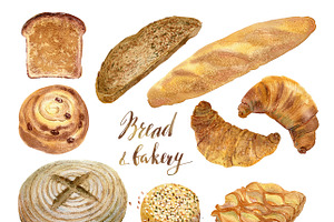 Watercolor bakery, bread collection