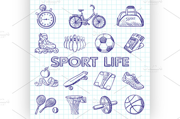 Icon Set Fitness. Hand Drawn Style