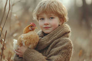 A young child with curly blonde hair holds a chicken close to their chest, wear, an Animal Photo by Textures & Backgrounds
