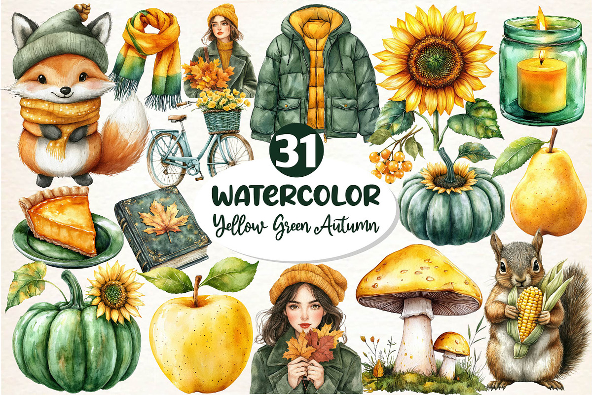 Yellow & Green Autumn Clipart, an Illustration by Dream Creation (Photo 1 of 6)